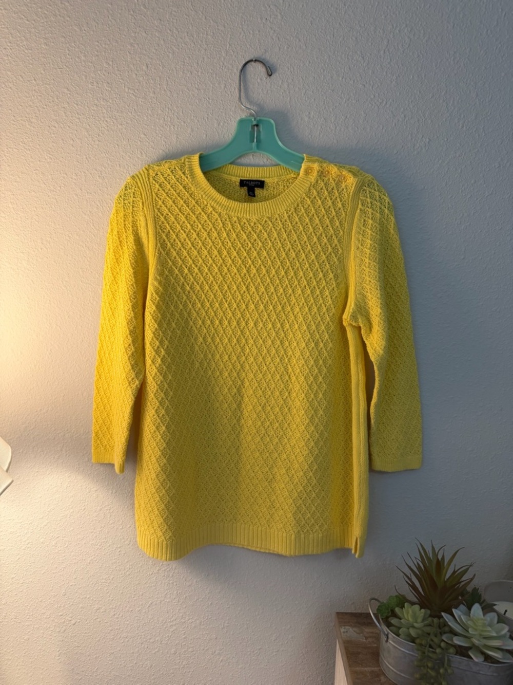 Talbots Bright Yellow Diamond Stitch Crewneck Sweater
